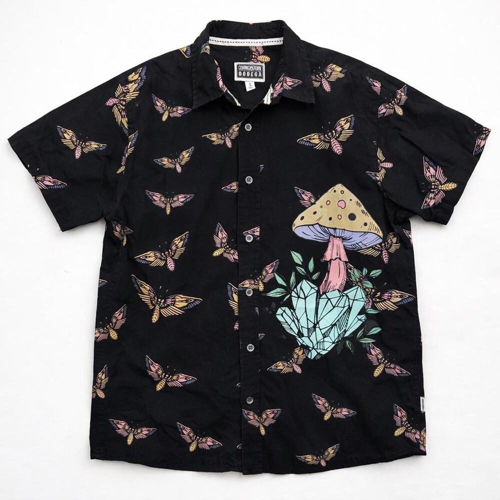Cornerstore Bodega Moth Cabana Shirt‎ Butterflies insects Mushroom goblincore
